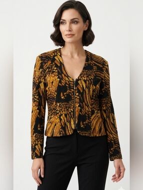 Joseph Ribkoff Textured Zip Jacket Black Gold Abstract Print Made in Canada